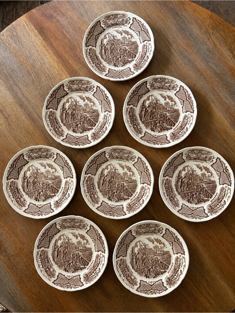 Vintage Fair Winds Brown Transferware Dessert Plates Set of 8 Boston Tea Party